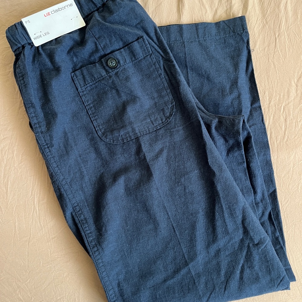 Dark Blue Wide Leg Linen Pants - Picture 2 of 3